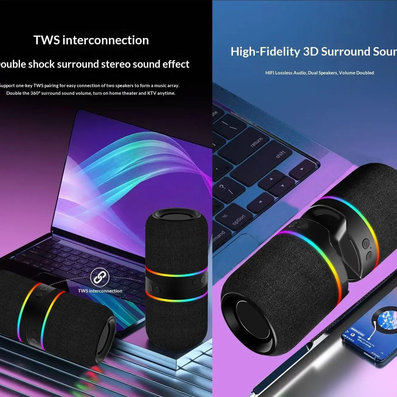 2-IN-1 Wireless Speaker Bluetooth, Multifunctional Wireless Speaker, Twist and Split to 2 Speaker, FM Radio, Magnetic Audio System, for Home/Outdoor/Beach/Party, [Stromberg] [TWIN-2] Stereo Audio