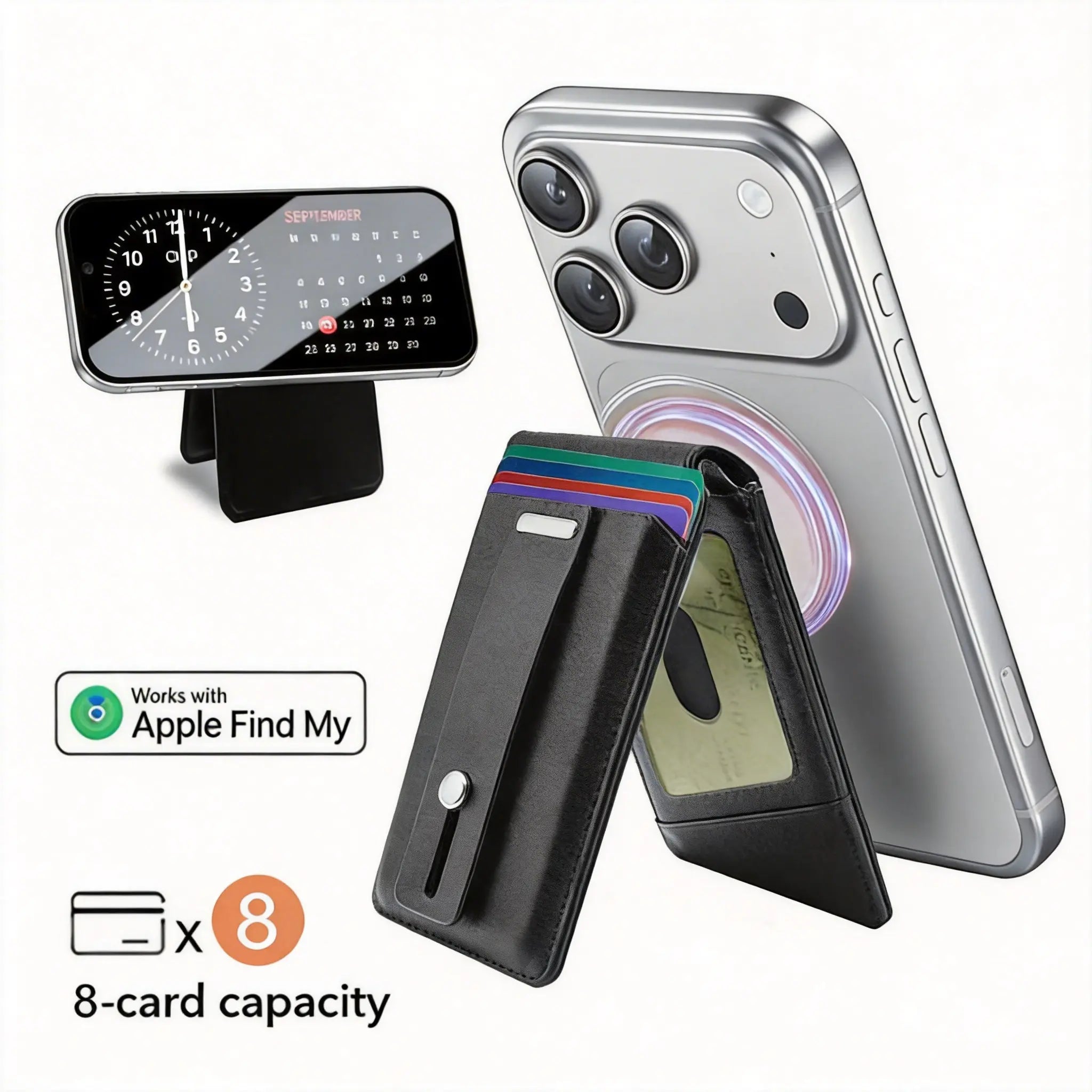 Magsafe Wallet Work with Apple Find My Functionality, 8 Cards Holder, Slim Phone Wallet, Strong Magnet with Multi-Angle Stand, RFID Shielding Vegan Leather