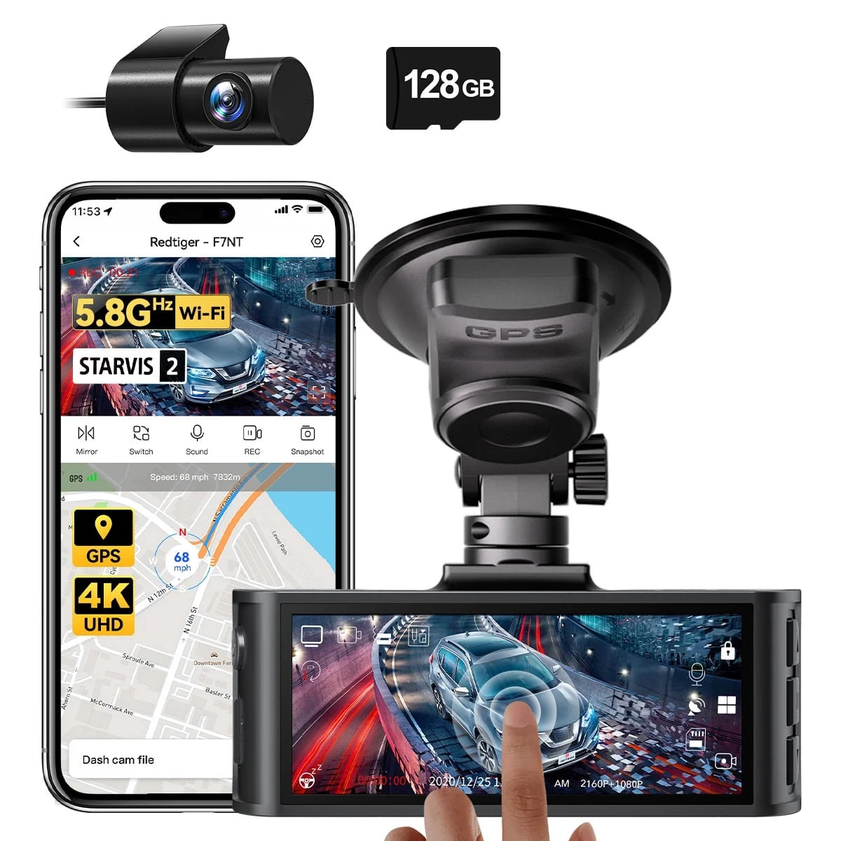 Touch Screen Dash Cam Front and Rear, 4K Dash Camera with STARVIS 2 Sensor, Free 128GB Card, Car Camera with Wifi GPS, Voice Control, Wdr,5.8Ghz Wifi, 24H Parking Mode, Night Vision