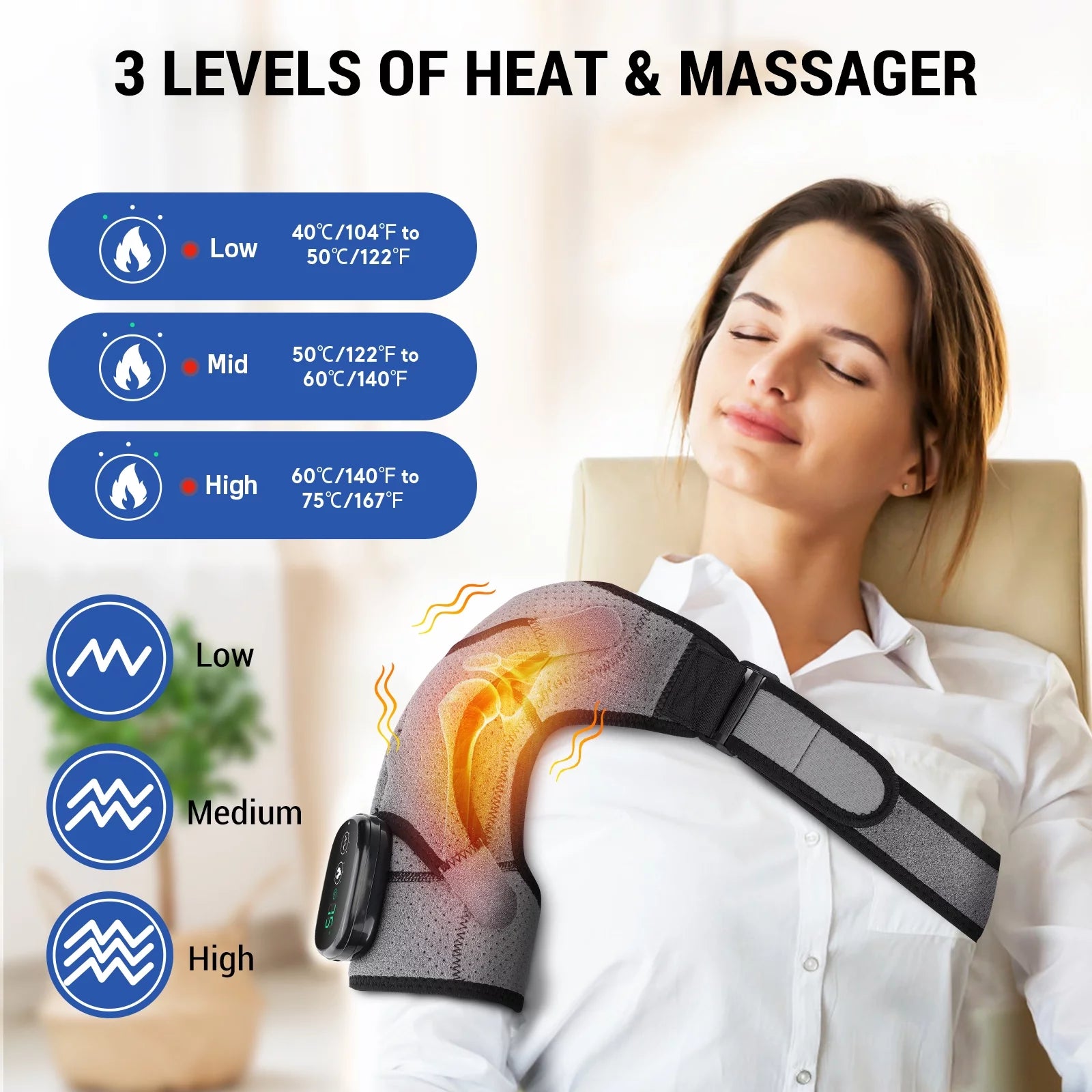 Heated Shoulder Brace, Shoulder Heating Pad with Massage, Electric Cordless Heated Shoulder Wrap with 3 Heating & Vibration Levels, Vibration Heated Shoulder Massager for Men Women Relaxation
