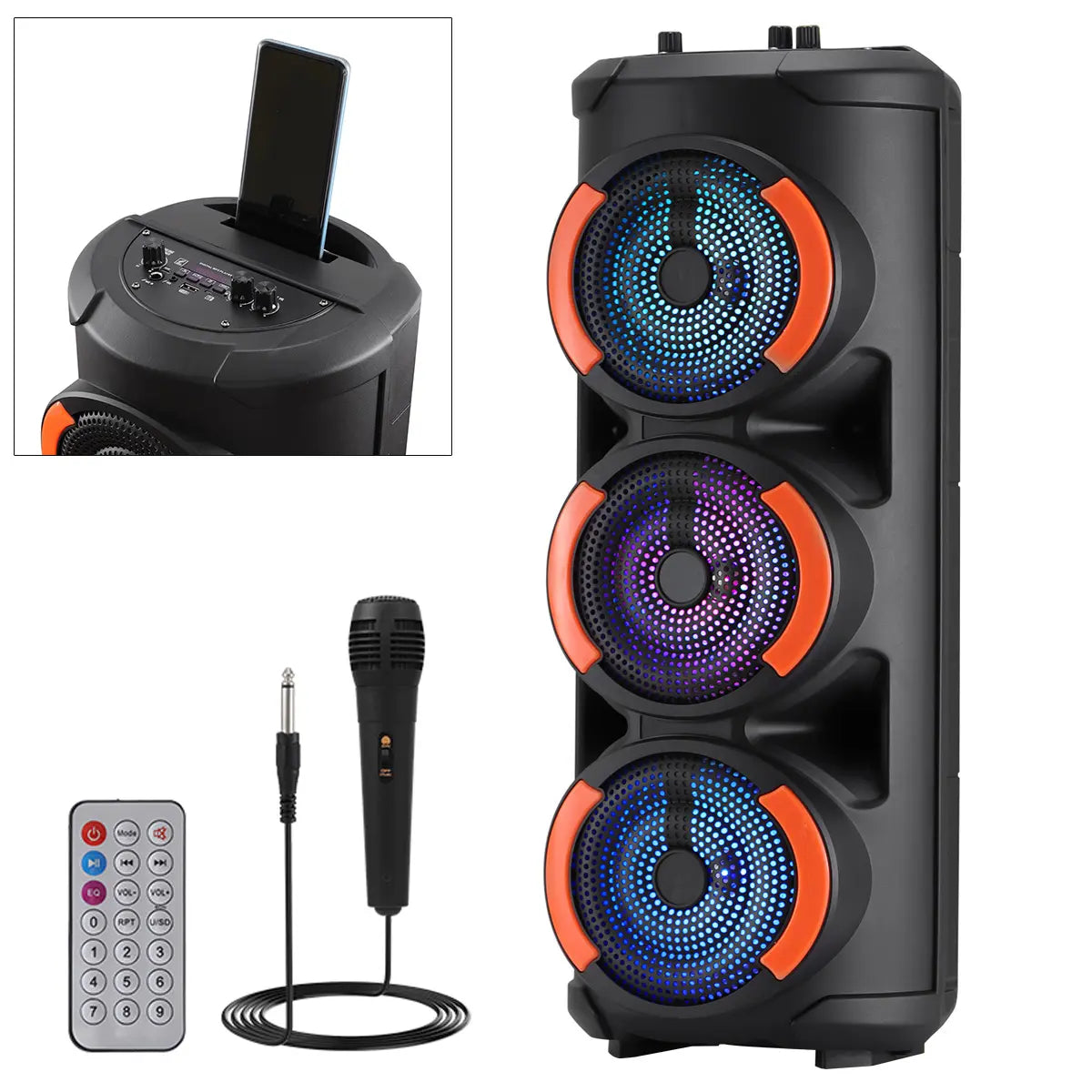 Portable Bluetooth PA Speaker 3 * 6.5" Woofer Wireless Karaoke Speaker TWS Rechargeable FM Radio Remote Control Microphone LED Lighting Stereo