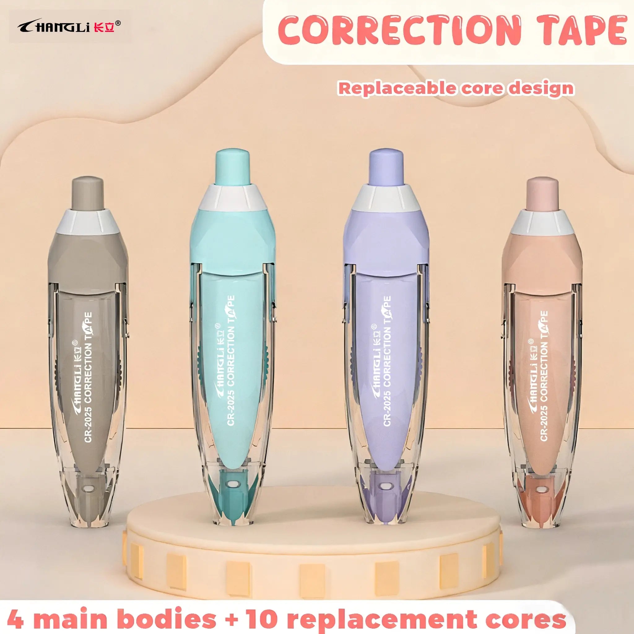 Correction Tape, Replaceable Core Design, Push-Button Design, Pen-Shaped Design, Office Supplies, School Supplies.