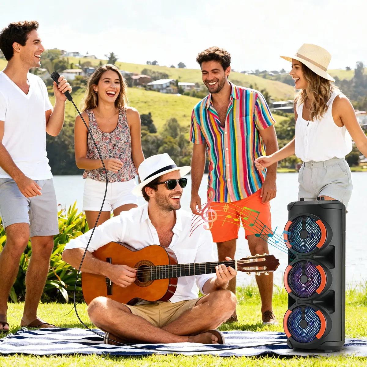 Portable Bluetooth PA Speaker 3 * 6.5" Woofer Wireless Karaoke Speaker TWS Rechargeable FM Radio Remote Control Microphone LED Lighting Stereo