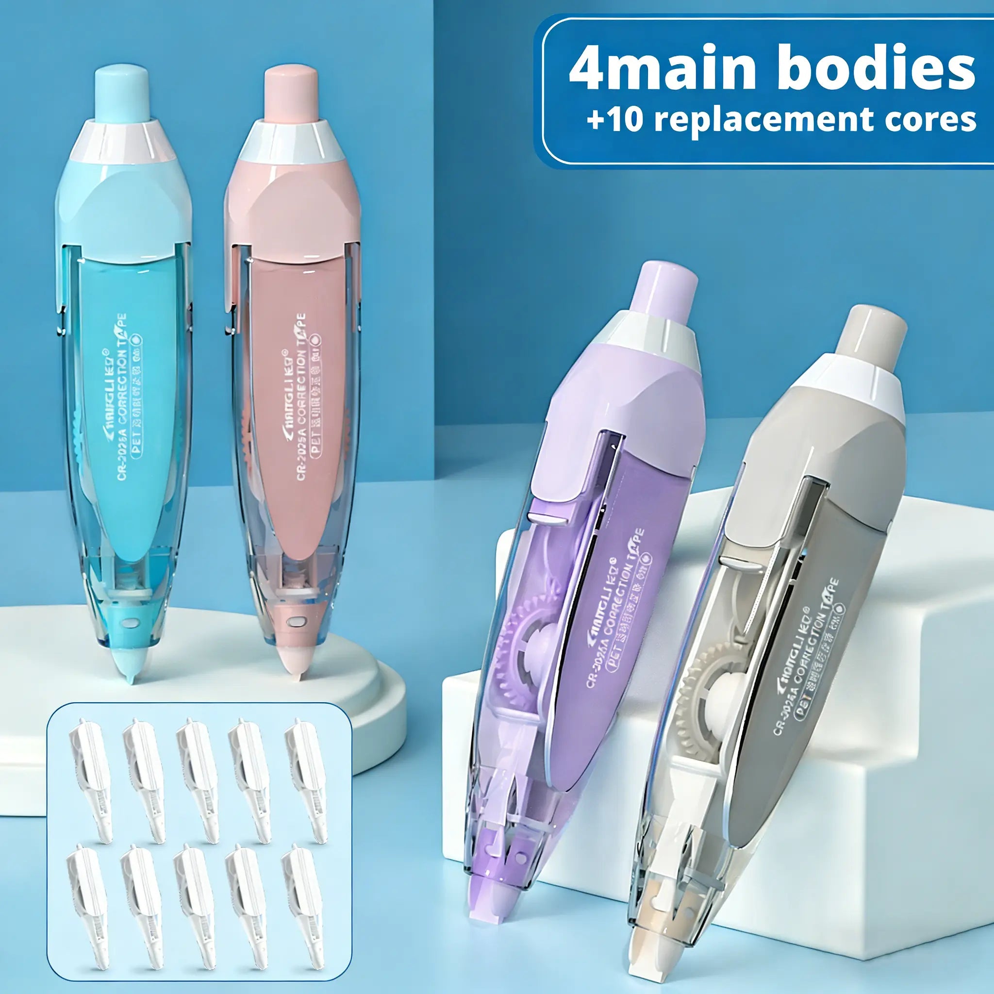 Correction Tape, Replaceable Core Design, Push-Button Design, Pen-Shaped Design, Office Supplies, School Supplies.