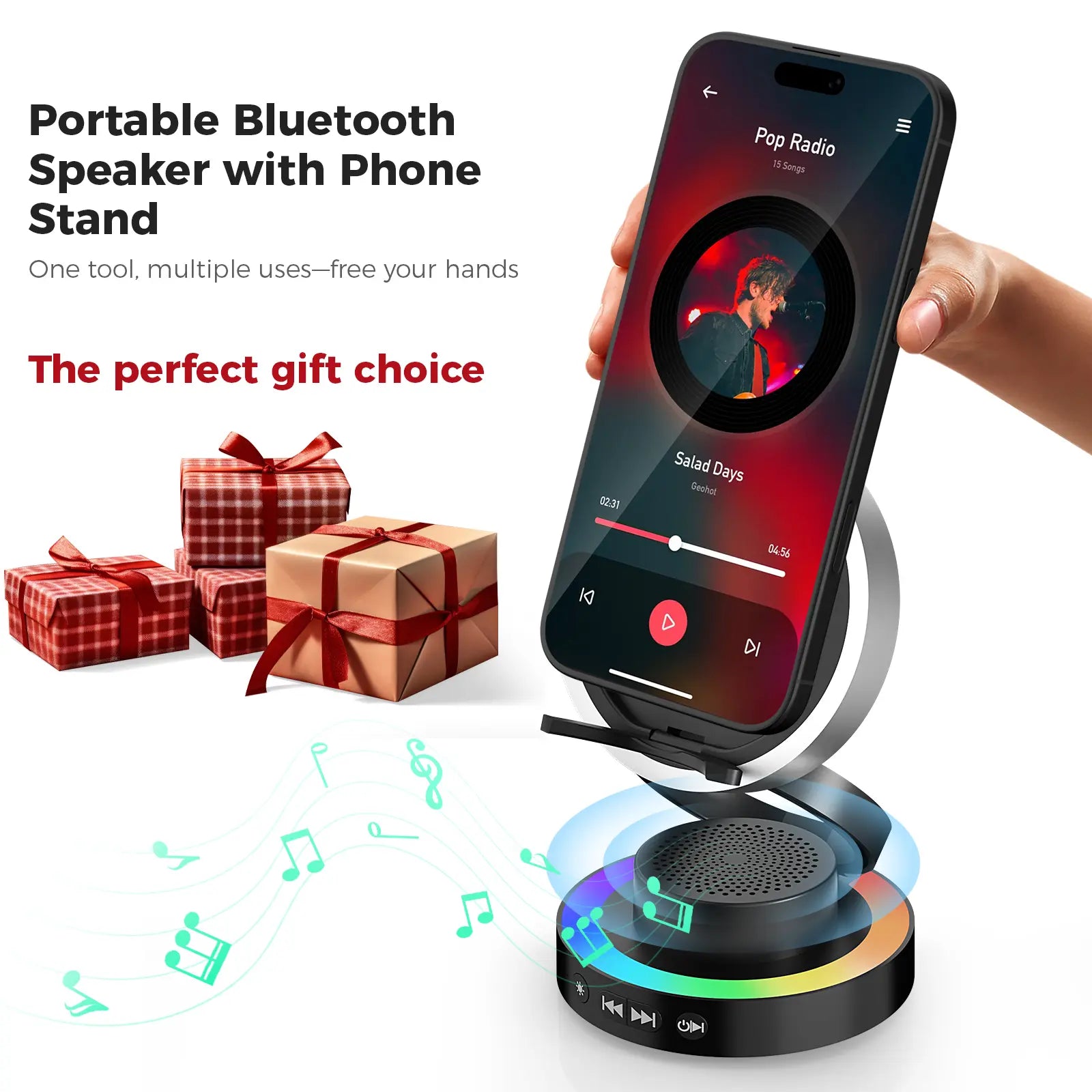 VANOTOM 5-In-1 Wireless Speaker Phone Stand | BT Speaker, Power Bank, RGB Light | Foldable for All Phones