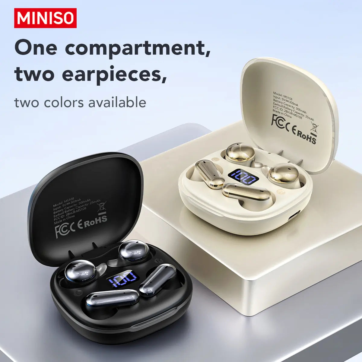 Miniso Ms108 Wireless Bluetooth-Compatible Headphones, Dual Earbuds, Buy One Get One, Android Compatible, Sleep Mode, Waterproof, Music Listening, Wireless Earbuds Headset