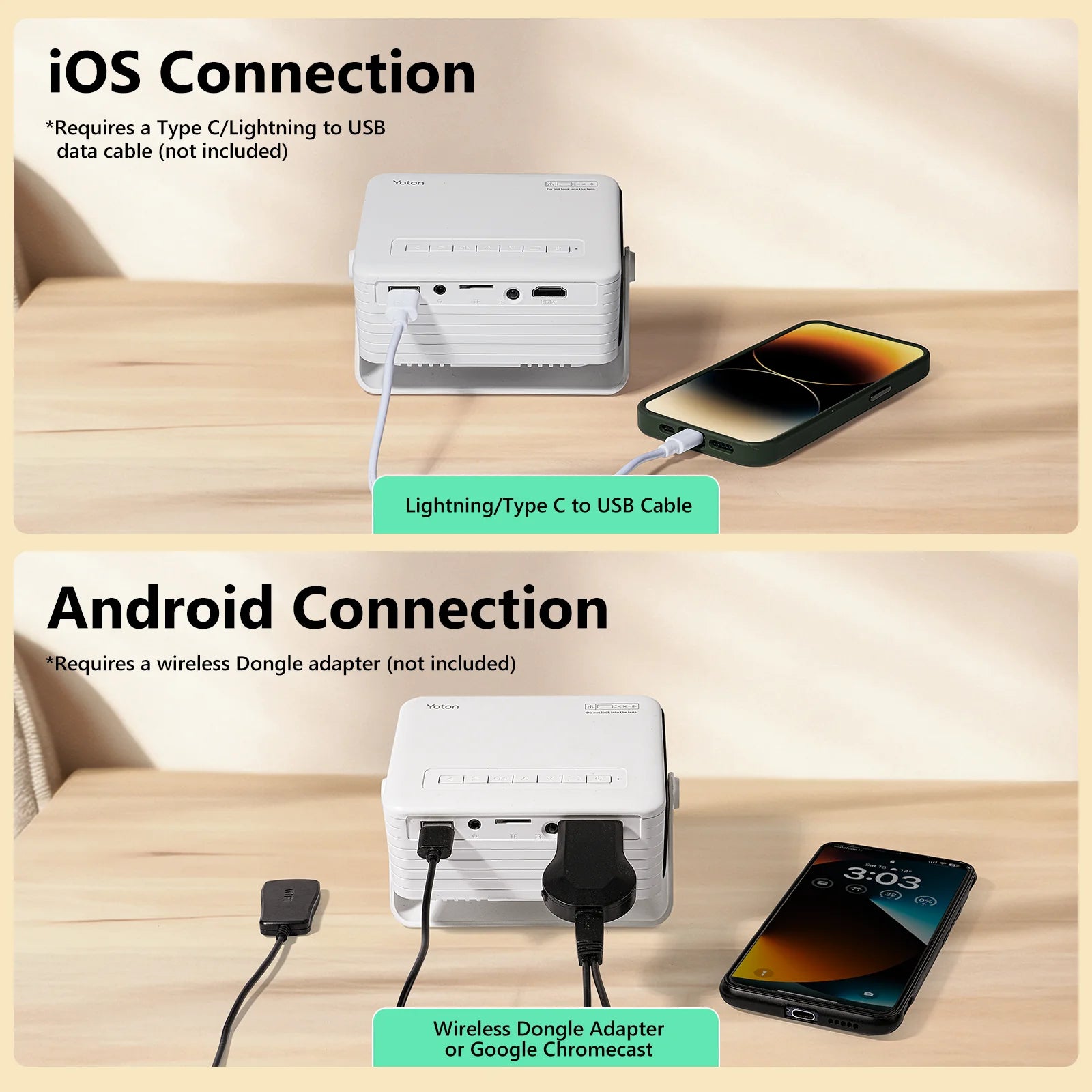 YT Mini Proyector 1080P Compatible, 4000 Lúmenes LED 3.0 Para Teatro Para Exteriores, Vida De Lámpara De 60000 Horas, Negro