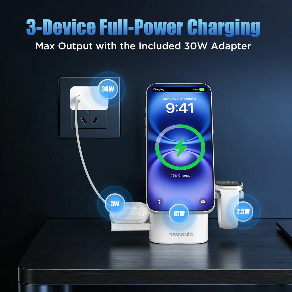 3 in 1 Wireless Charging Station for Iphone & Samsung, Qi 2 Certified 15W Fast Magnetic Charger Stand with 30W Adapter for Magsafe Iphone 17/16/15/14/13/12 Pro Max, Airpods, Apple & Galaxy Watch