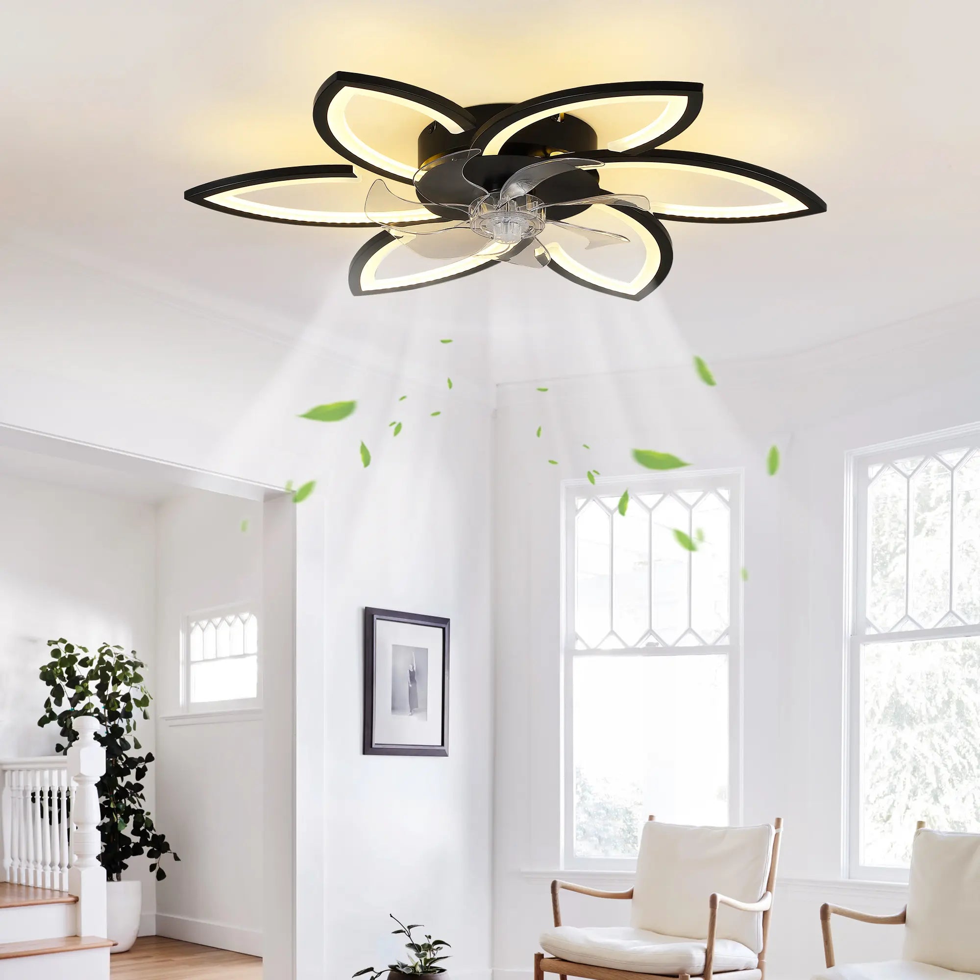 Ceiling Fan with Lights Remote Control, Black Ceiling Fan with Light, 6 Speeds 3 Light Color Flush Mount Ceiling Fan for Kitchen Bedroom