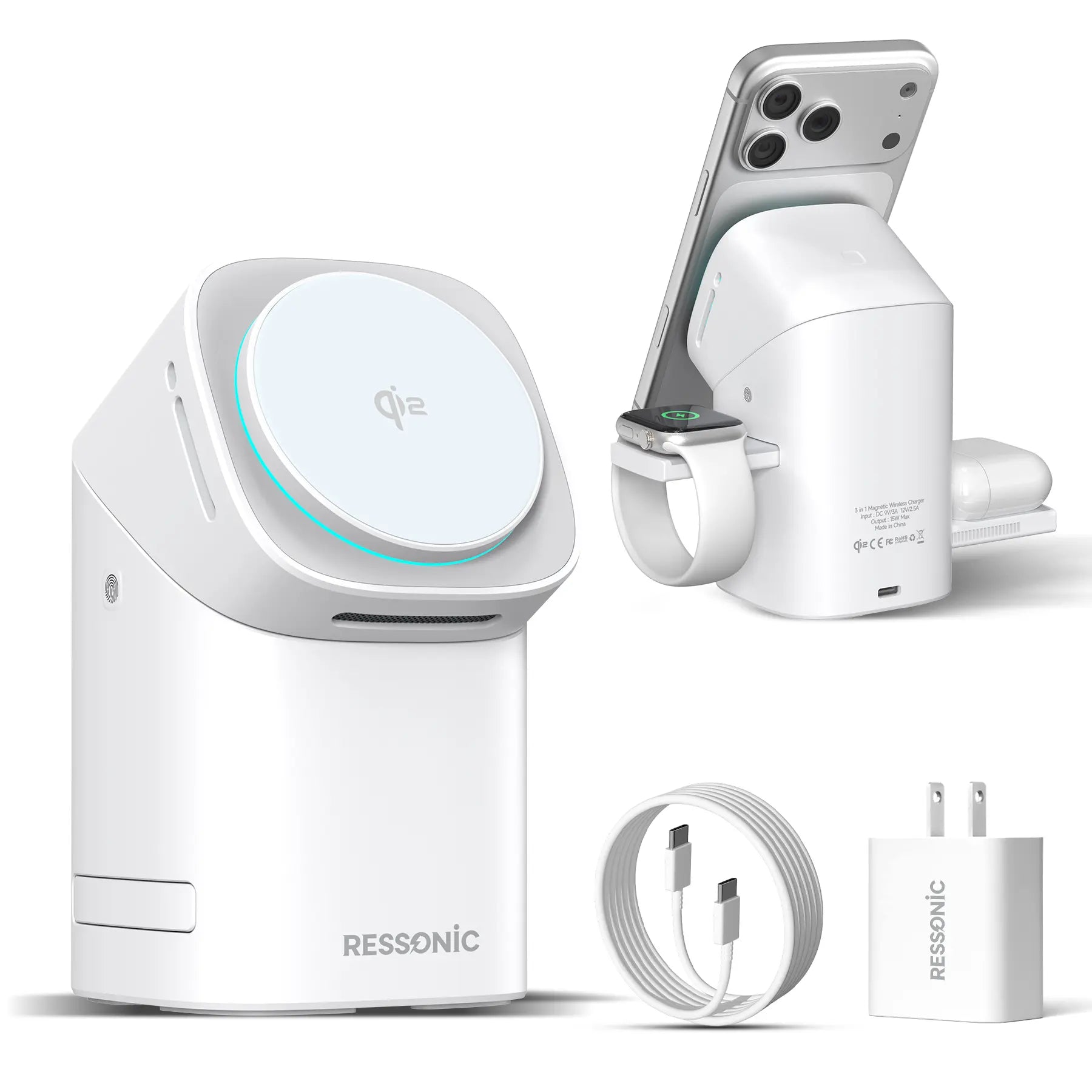 3 in 1 Wireless Charging Station for Iphone & Samsung, Qi 2 Certified 15W Fast Magnetic Charger Stand with 30W Adapter for Magsafe Iphone 17/16/15/14/13/12 Pro Max, Airpods, Apple & Galaxy Watch