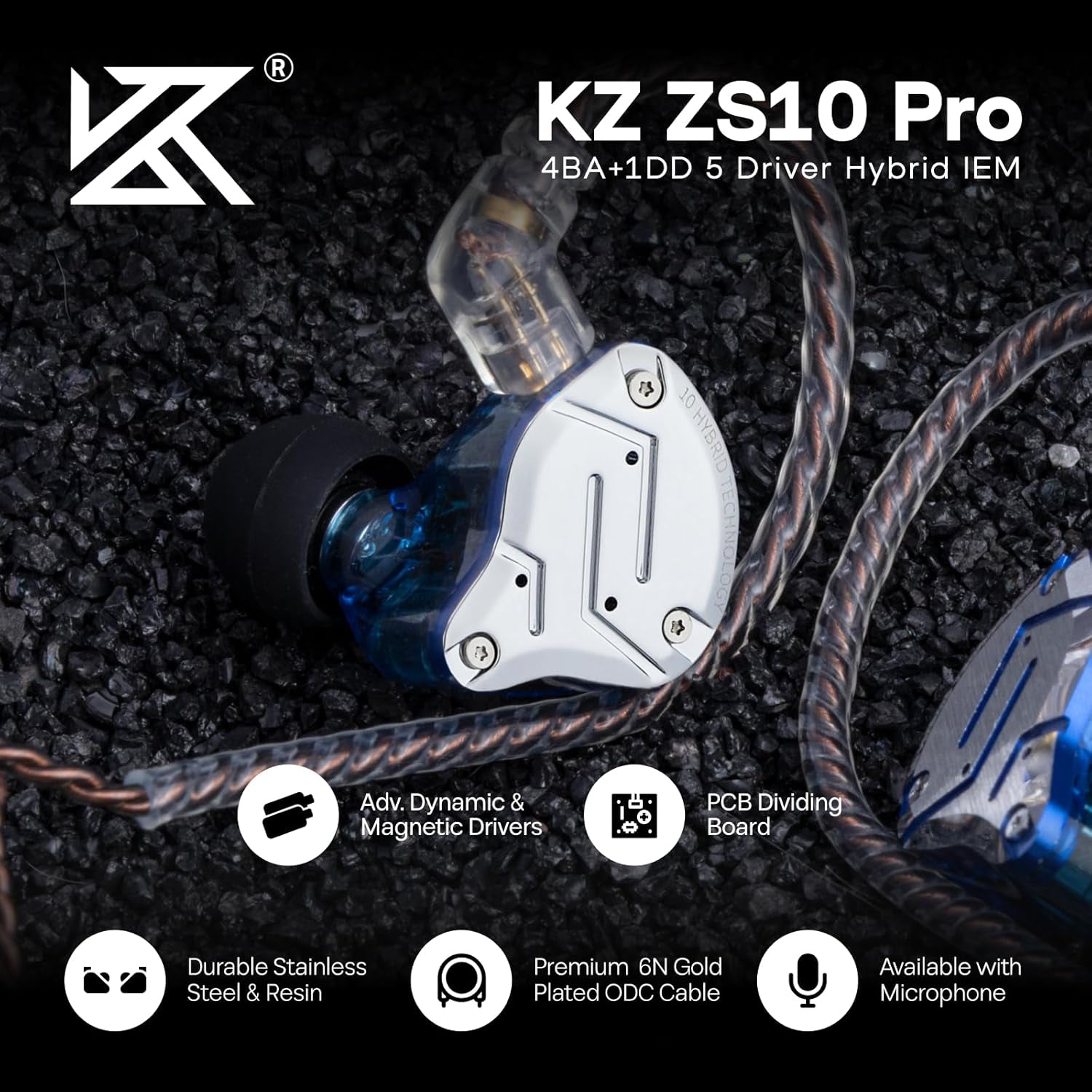 KZ ZS10 Pro, 4BA+1DD 5 Driver in Ear Monitor, Hifi Wired Earbuds, Gaming Earbuds, Hybrid IEM Earphones with Stainless Steel Faceplate, Detachable Cable for Musician (Without Mic, Blue)