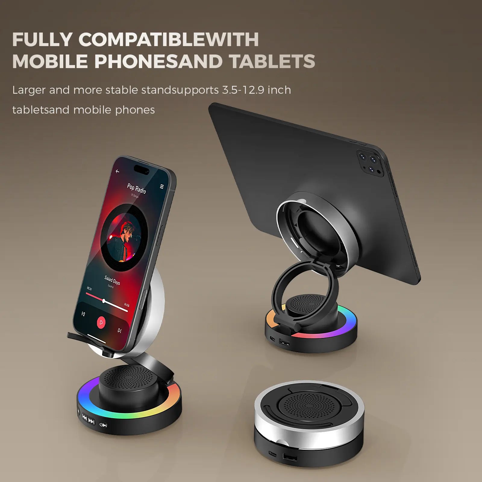 VANOTOM 5-In-1 Wireless Speaker Phone Stand | BT Speaker, Power Bank, RGB Light | Foldable for All Phones