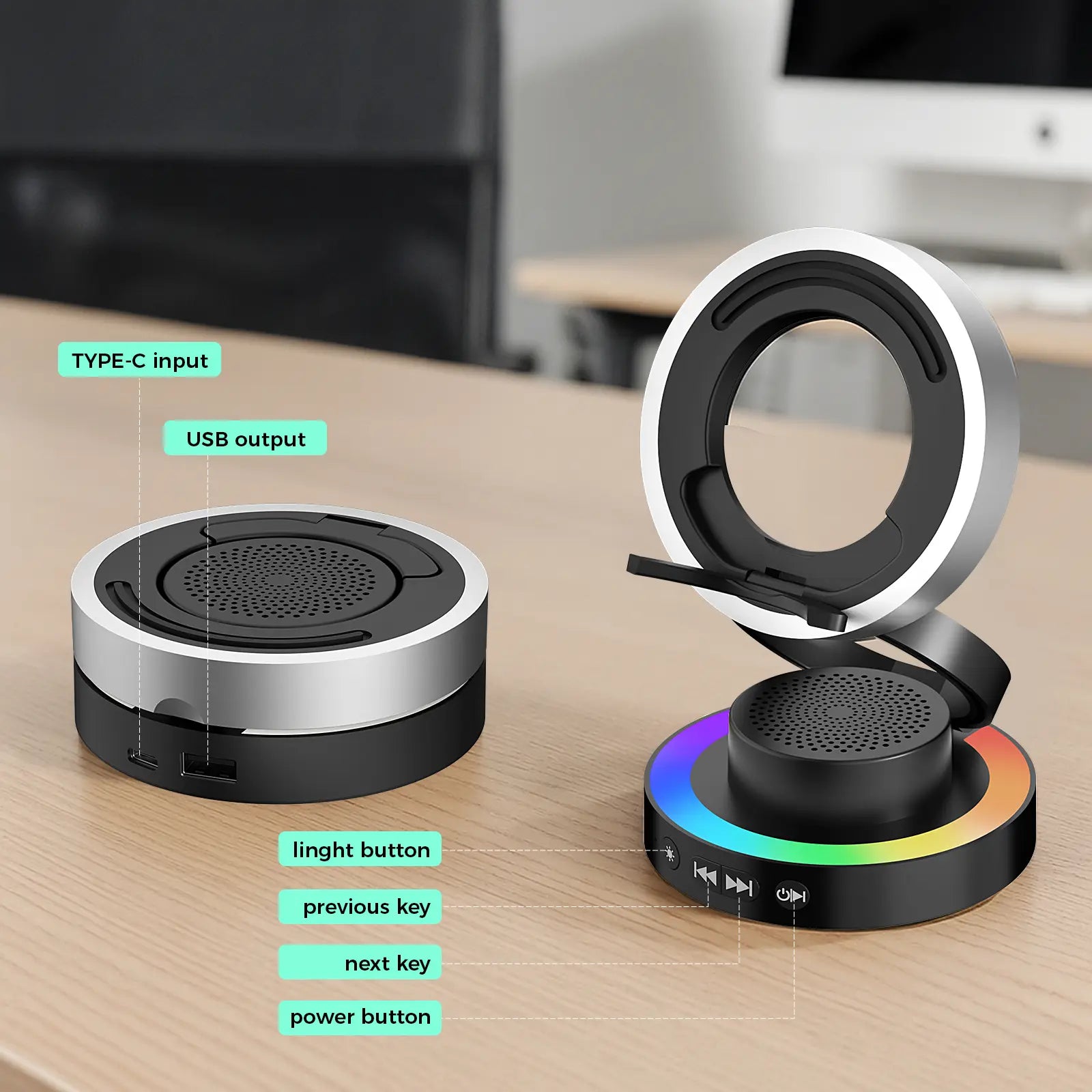 VANOTOM 5-In-1 Wireless Speaker Phone Stand | BT Speaker, Power Bank, RGB Light | Foldable for All Phones