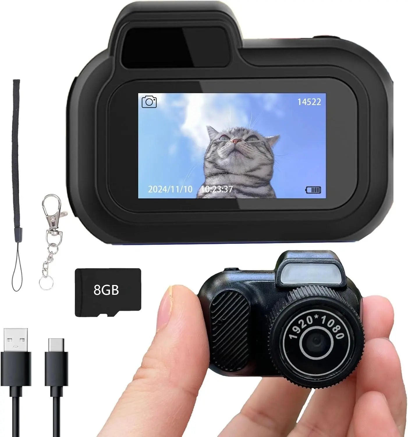 Mini Keychain Camera, Vintage Micro Design, Equipped with an 8GB Memory Card, Supports 1080P Resolution for Retro Snapshots. Features 6 Built-In Filters and a 0.96-Inch HD Micro Retro Video Recorder, Ideal for Travel, Study, and Outdoor Activities.Y3000