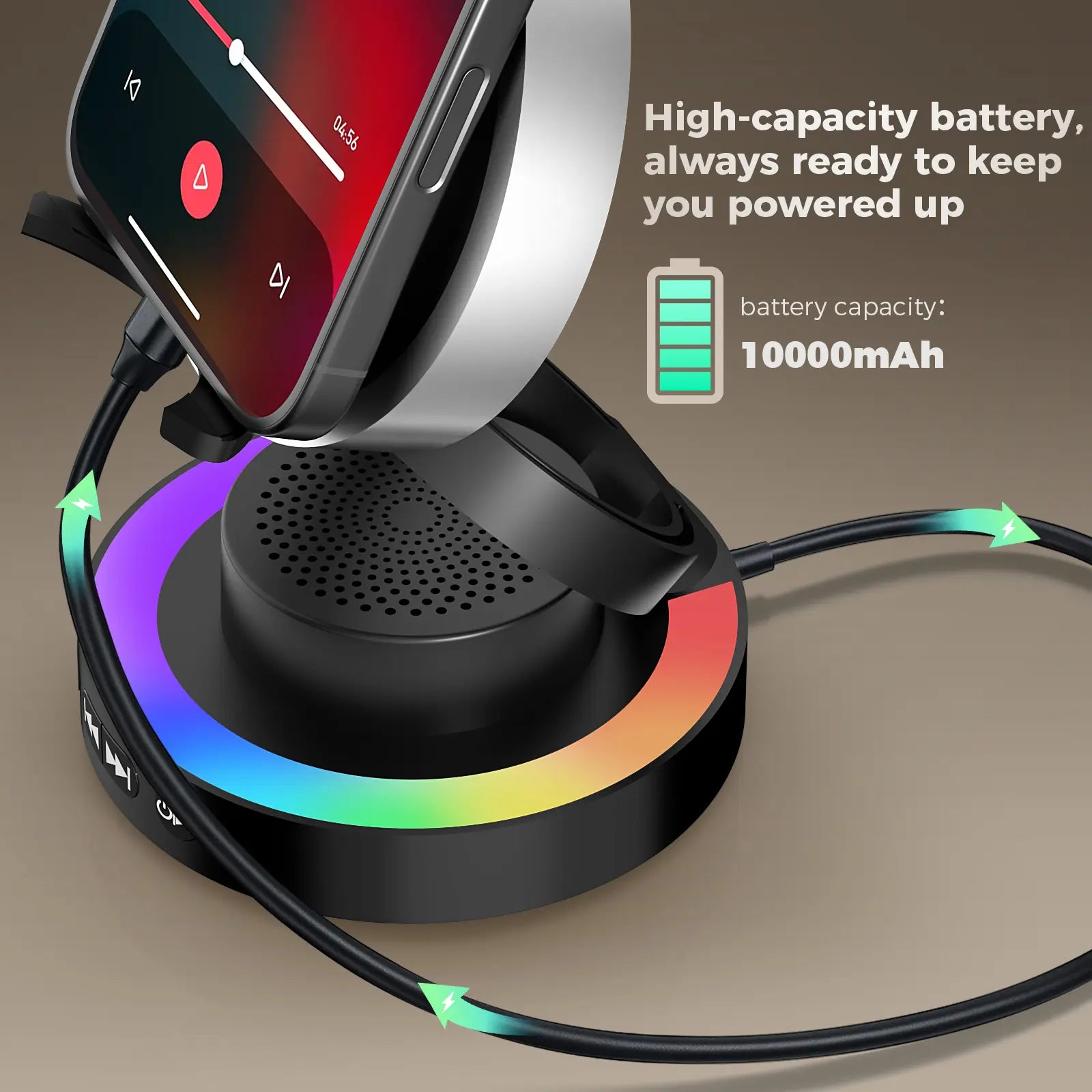 VANOTOM 5-In-1 Wireless Speaker Phone Stand | BT Speaker, Power Bank, RGB Light | Foldable for All Phones