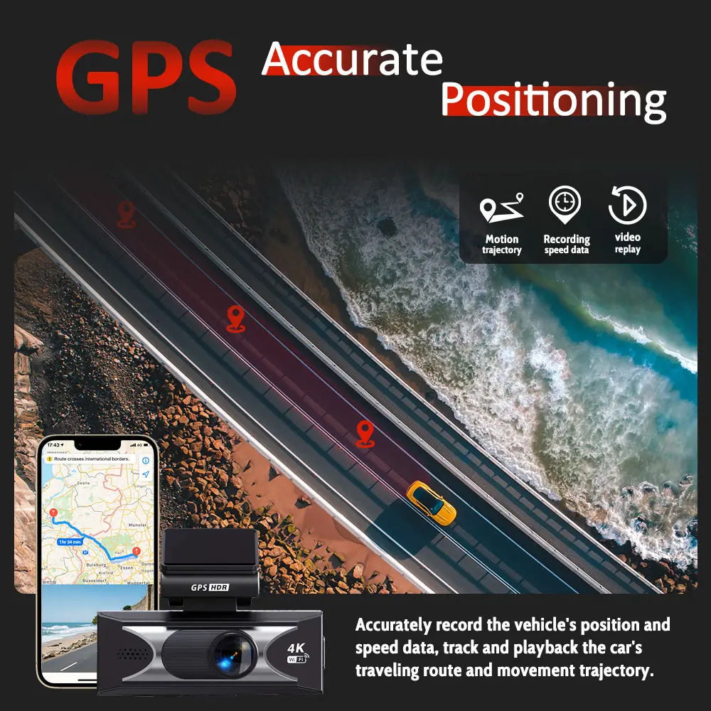 4K UHD + 2.5K Dual Dash Cam Front & Rear with Wifi GPS, ADAS, G-Sensor, Night Vision, 24/7 Parking Mode, Ultra-Wide Angle, Compact Car Dashboard Camera for Night Driving/Accident Recording/All-Weather Security Front Rear Dashcam