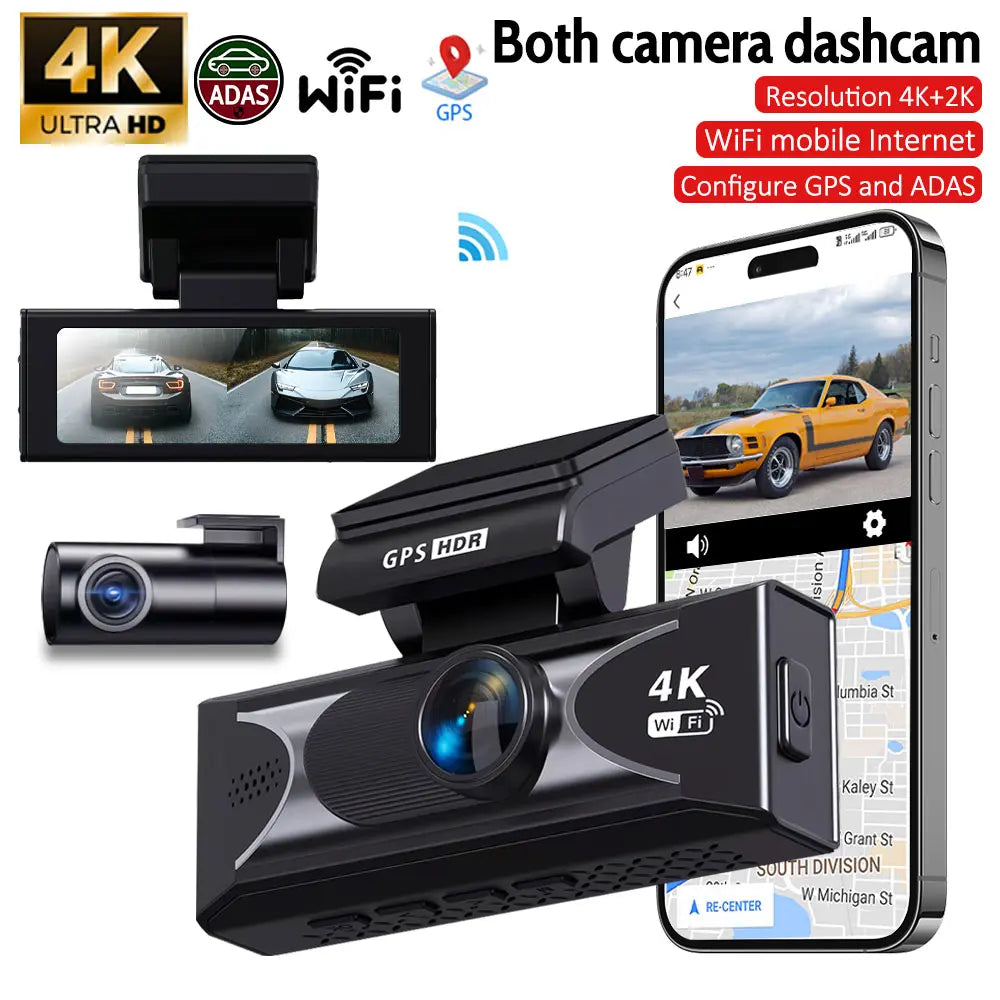 4K UHD + 2.5K Dual Dash Cam Front & Rear with Wifi GPS, ADAS, G-Sensor, Night Vision, 24/7 Parking Mode, Ultra-Wide Angle, Compact Car Dashboard Camera for Night Driving/Accident Recording/All-Weather Security Front Rear Dashcam