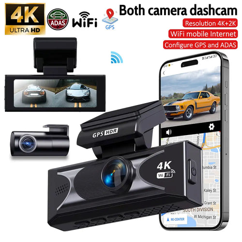 4K UHD + 2.5K Dual Dash Cam Front & Rear with Wifi GPS, ADAS, G-Sensor, Night Vision, 24/7 Parking Mode, Ultra-Wide Angle, Compact Car Dashboard Camera for Night Driving/Accident Recording/All-Weather Security Front Rear Dashcam