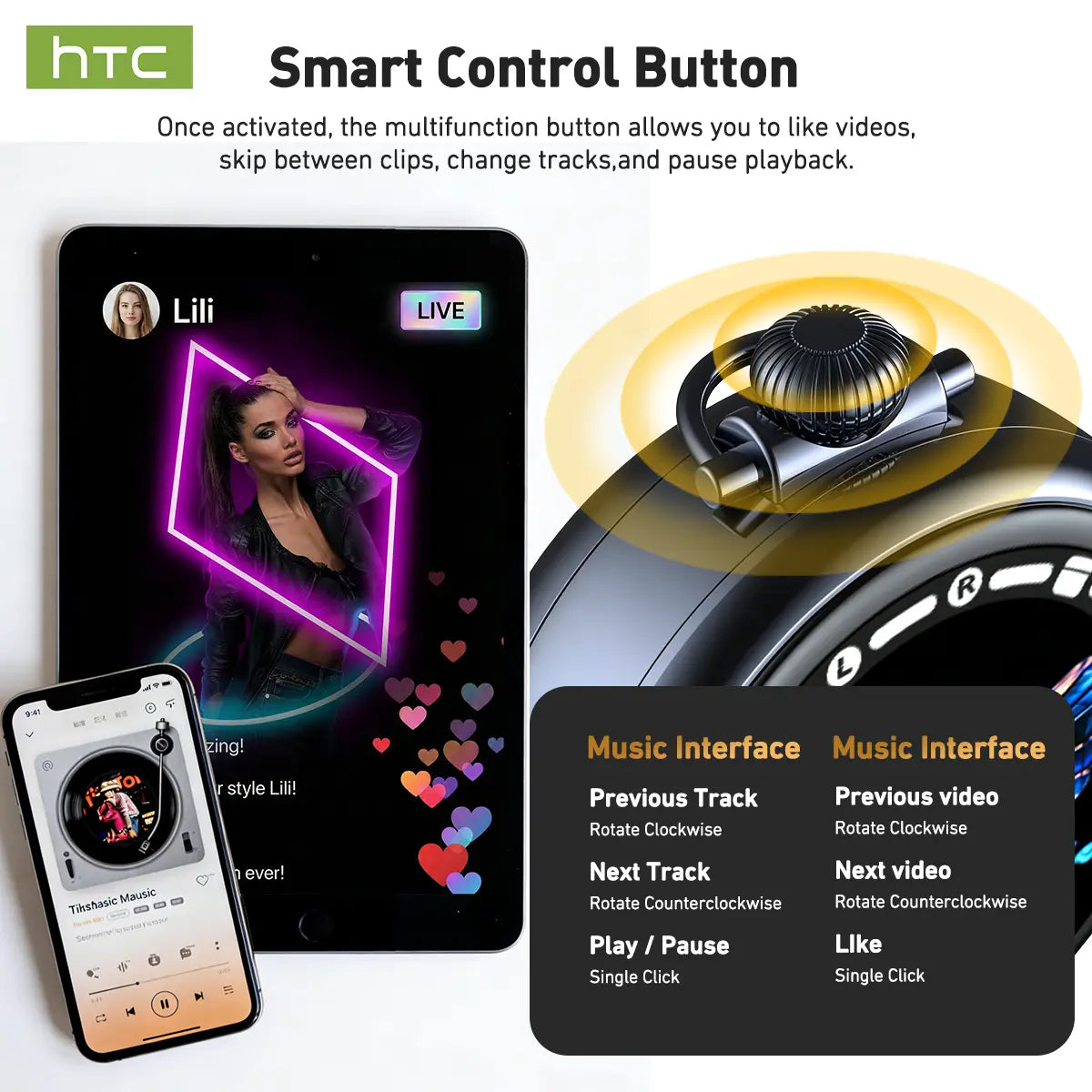 HTC NE71 Wireless Earbuds Bluetooth 6.0 Earphones Touchscreen Earbuds, Suitable for Office, Sports, Study and Audio Calls, Waterproof Headsets, Long Battery Life Built-In Microphones Bluetooth Headphones