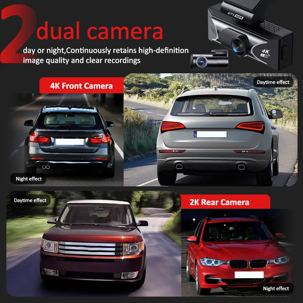 4K UHD + 2.5K Dual Dash Cam Front & Rear with Wifi GPS, ADAS, G-Sensor, Night Vision, 24/7 Parking Mode, Ultra-Wide Angle, Compact Car Dashboard Camera for Night Driving/Accident Recording/All-Weather Security Front Rear Dashcam
