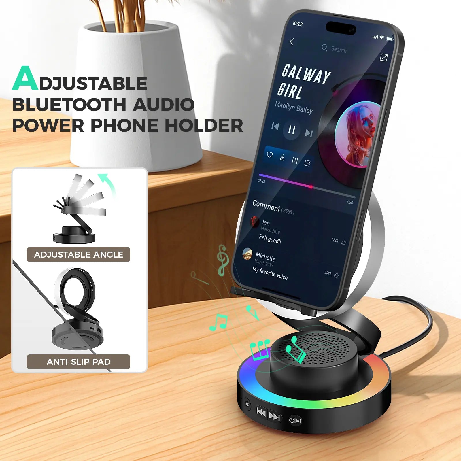 VANOTOM 5-In-1 Wireless Speaker Phone Stand | BT Speaker, Power Bank, RGB Light | Foldable for All Phones