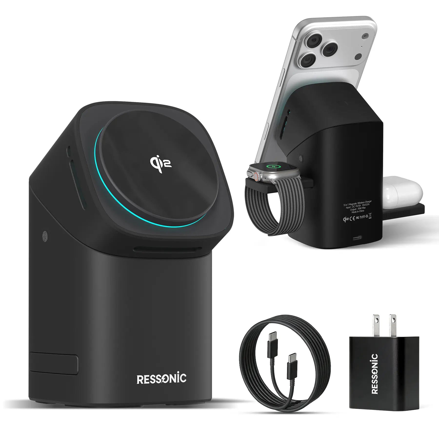 3 in 1 Wireless Charging Station for Iphone & Samsung, Qi 2 Certified 15W Fast Magnetic Charger Stand with 30W Adapter for Magsafe Iphone 17/16/15/14/13/12 Pro Max, Airpods, Apple & Galaxy Watch