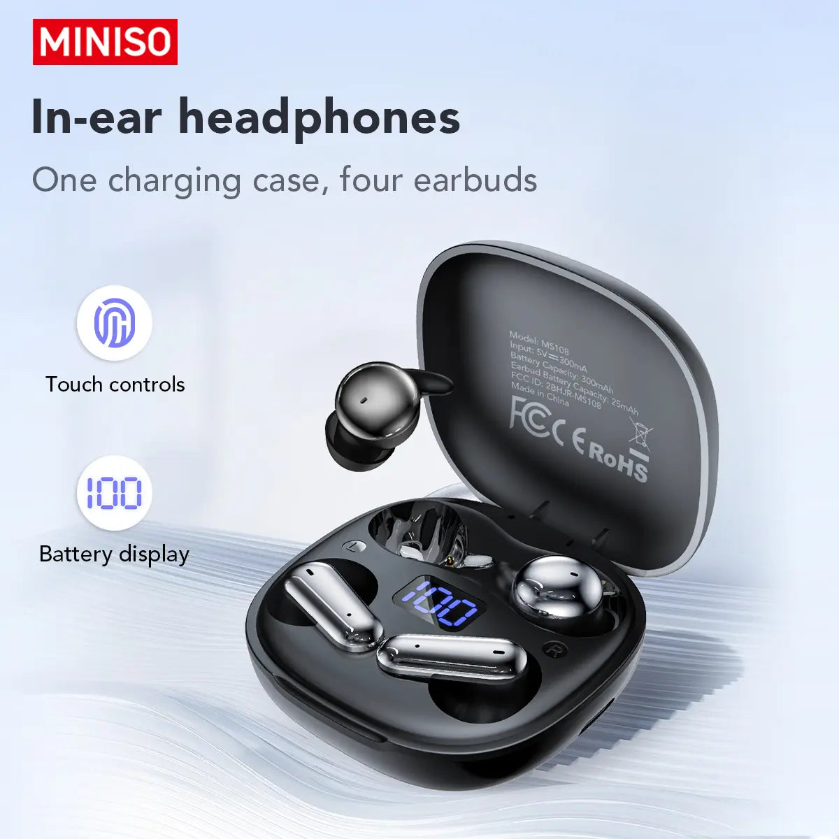 Miniso Ms108 Wireless Bluetooth-Compatible Headphones, Dual Earbuds, Buy One Get One, Android Compatible, Sleep Mode, Waterproof, Music Listening, Wireless Earbuds Headset